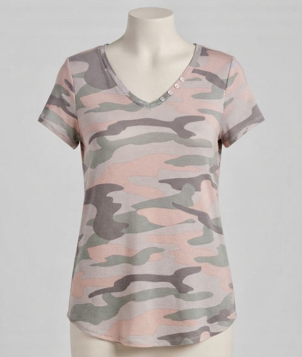 Maurice’s 24/7 Camo Camouflage Pink Gray Soft Stretchy Casual Top, Sz L NEW